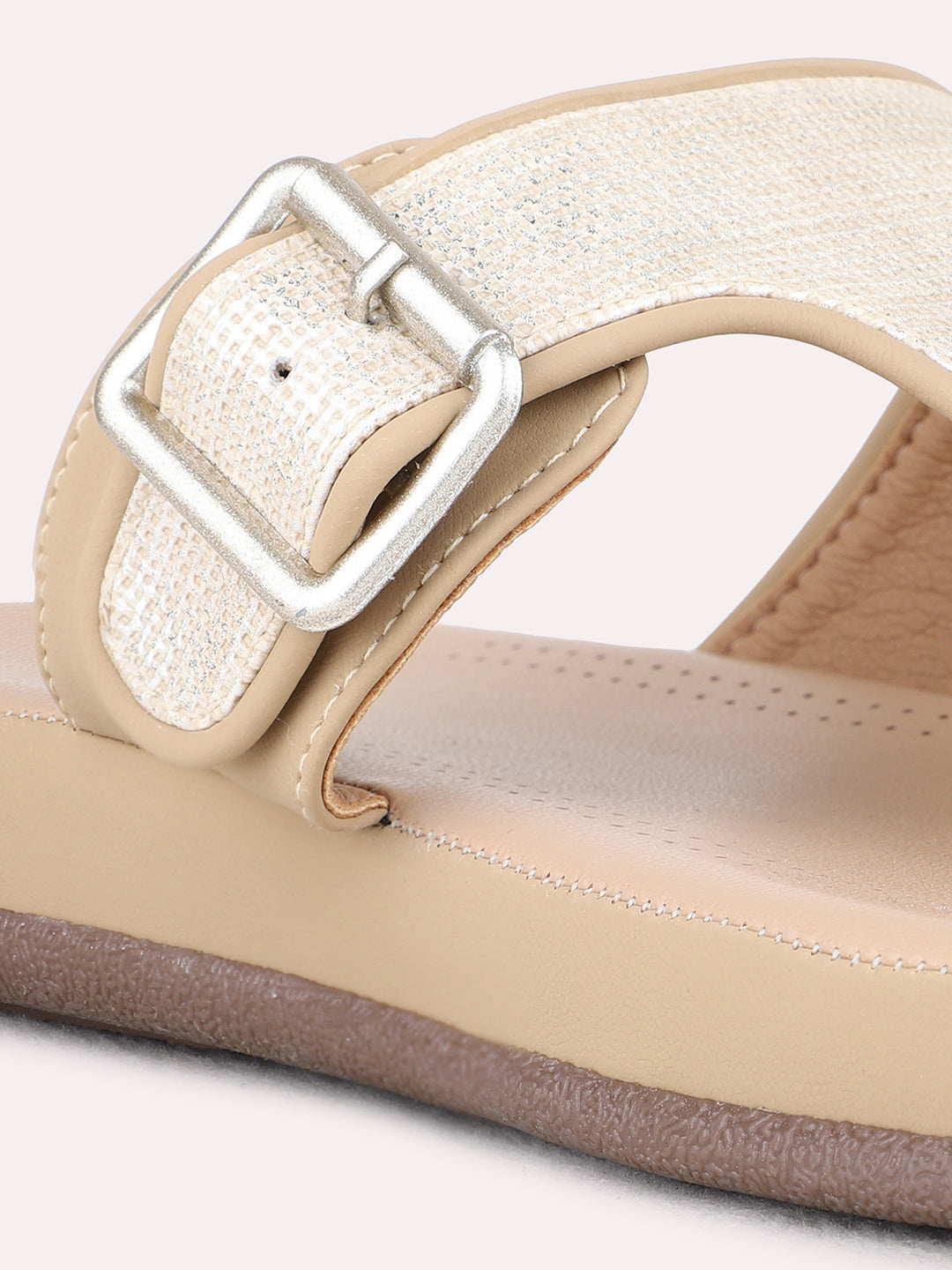 Womens Beige Casual Solid T-Strap Flat Sandals