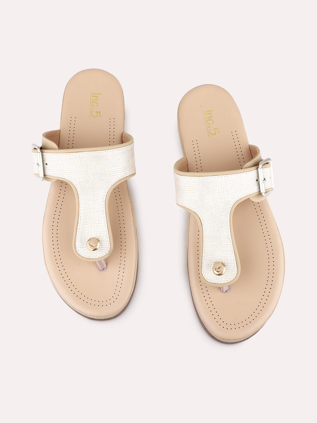 Womens Beige Casual Solid T-Strap Flat Sandals