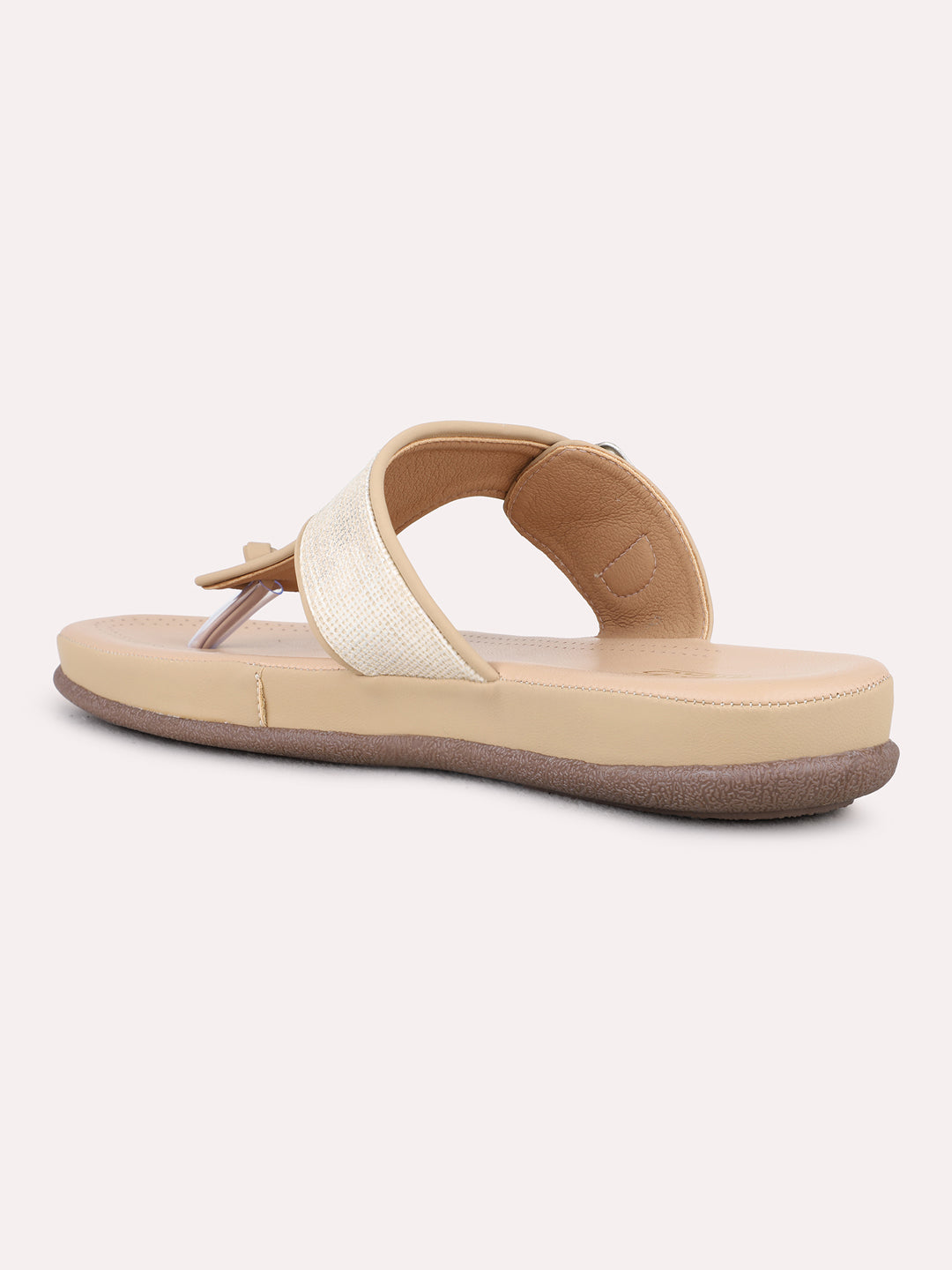 Womens Beige Casual Solid T-Strap Flat Sandals