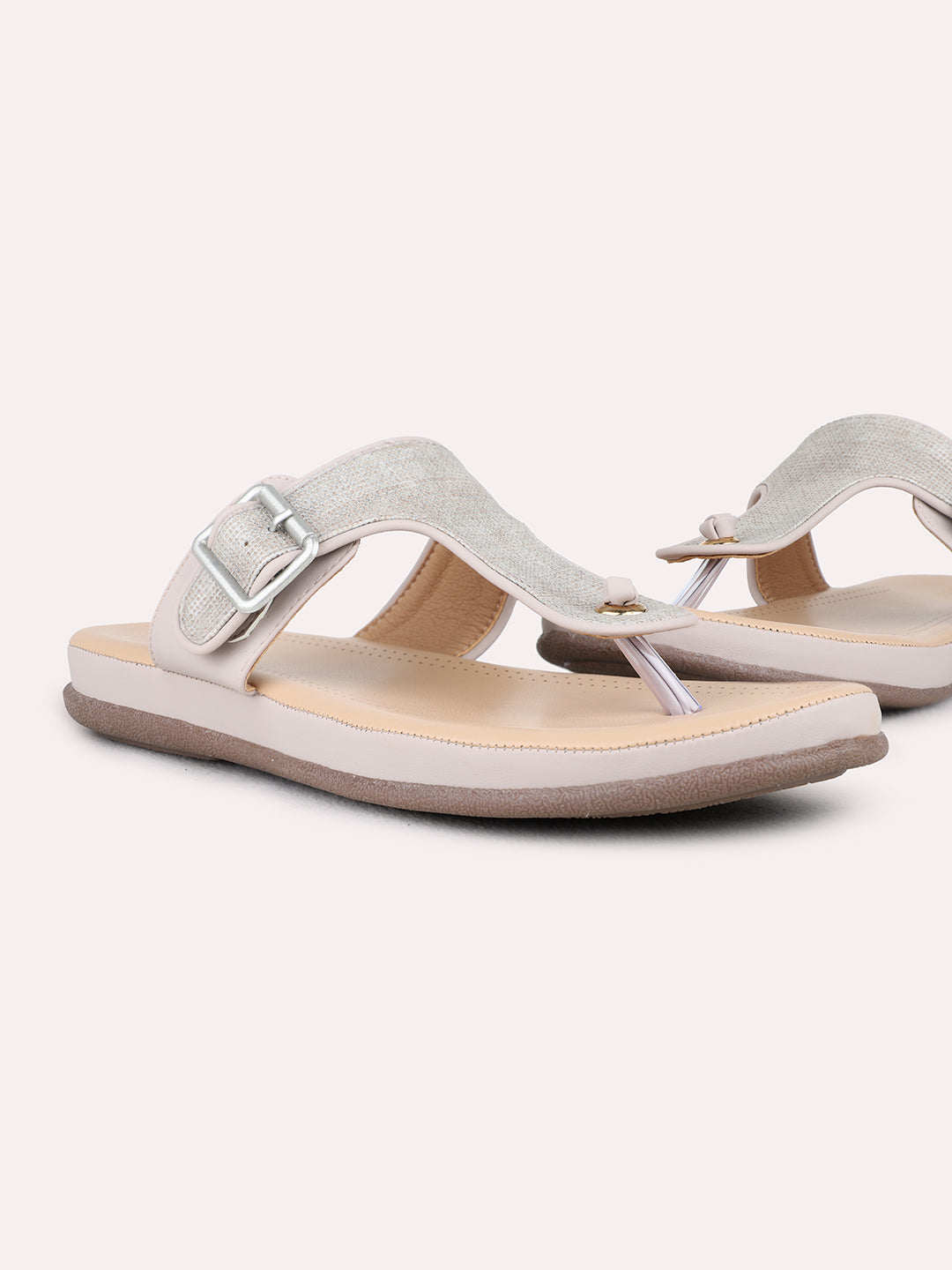 Womens Grey Casual Solid T-Strap Flat Sandals
