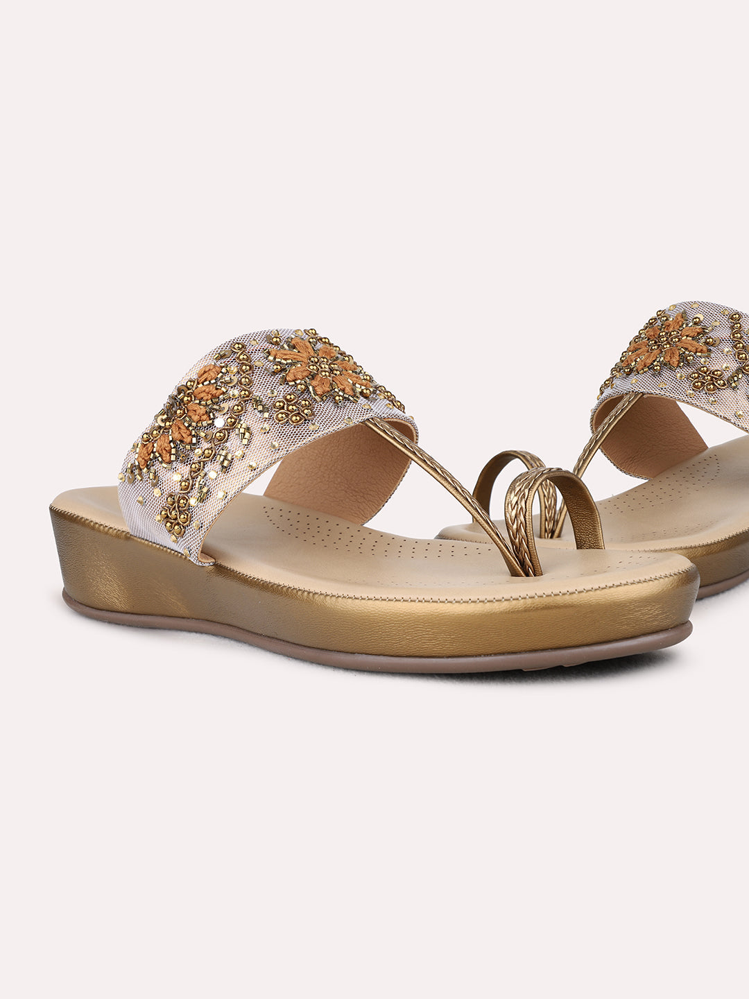 Womens Golden Ethnic Wear Embellished Round Toe Wedge Heels