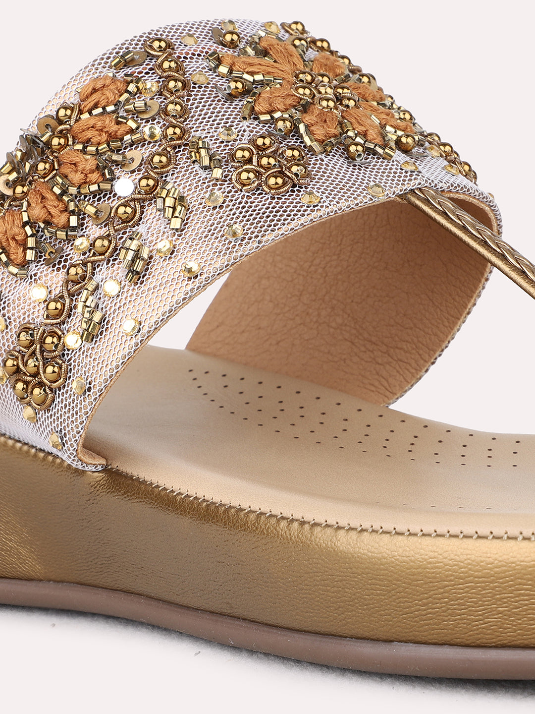 Womens Golden Ethnic Wear Embellished Round Toe Wedge Heels