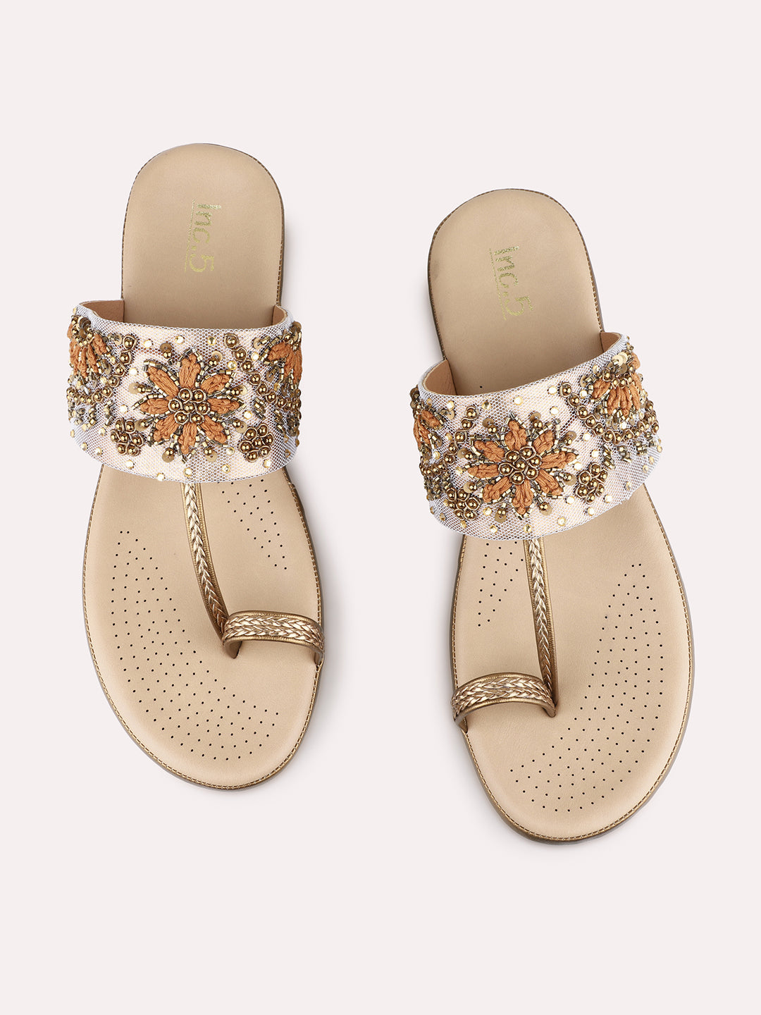 Womens Golden Ethnic Wear Embellished Round Toe Wedge Heels