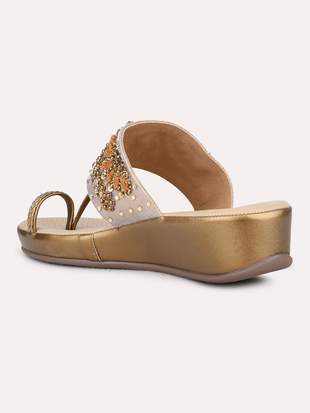 Womens Golden Ethnic Wear Embellished Round Toe Wedge Heels