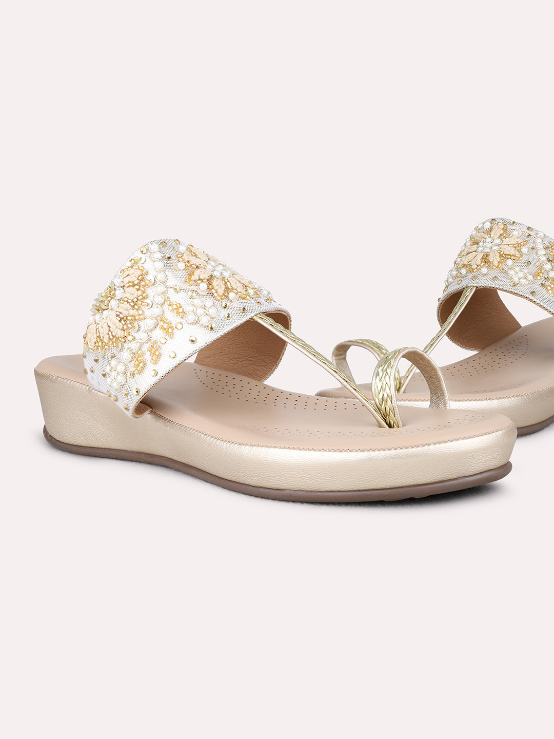 Womens Golden Ethnic Wear Embellished Round Toe Wedge Heels