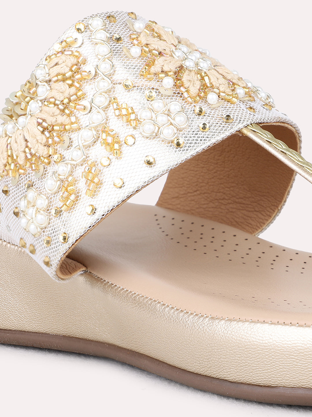 Womens Golden Ethnic Wear Embellished Round Toe Wedge Heels