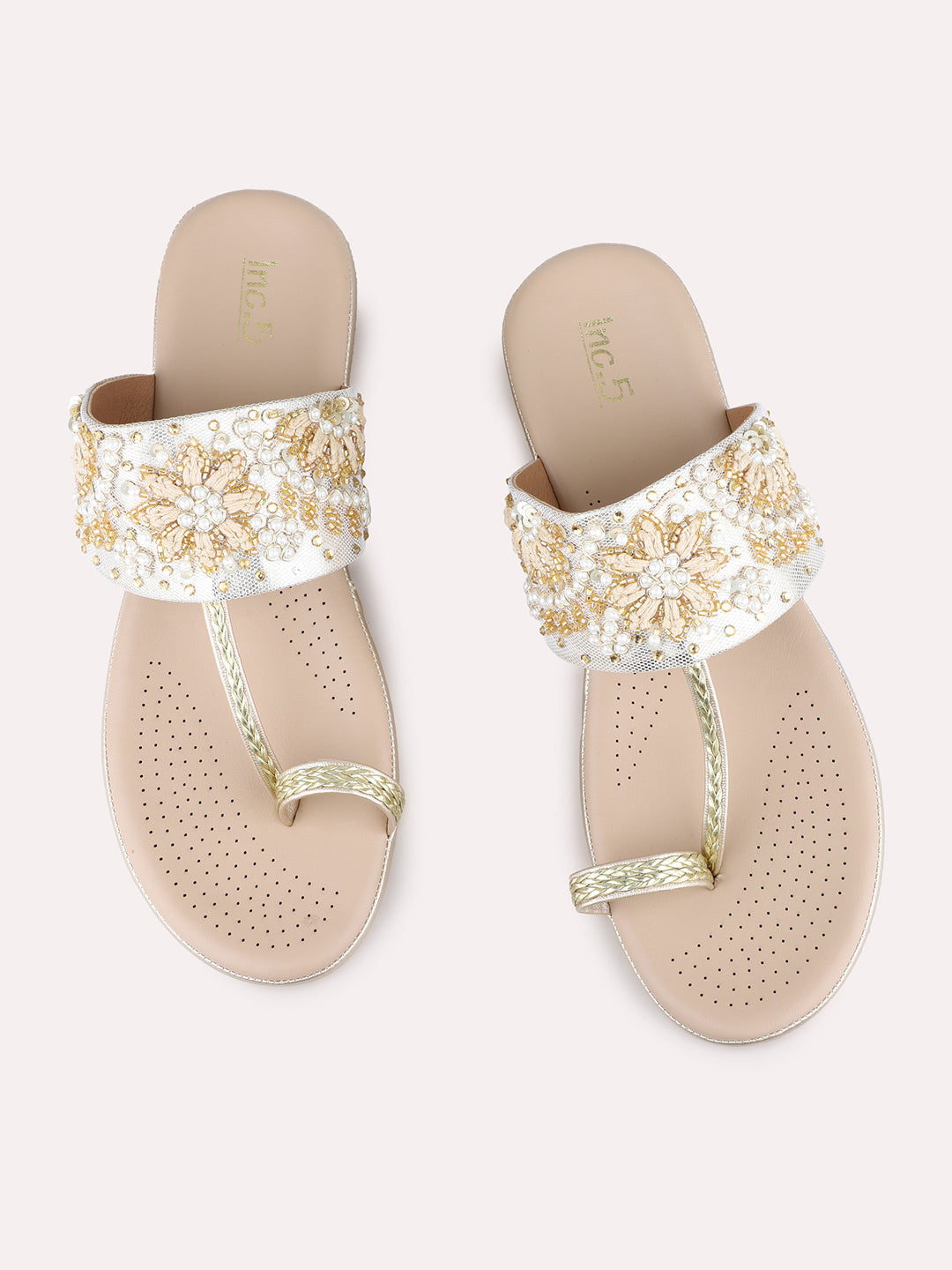 Womens Golden Ethnic Wear Embellished Round Toe Wedge Heels