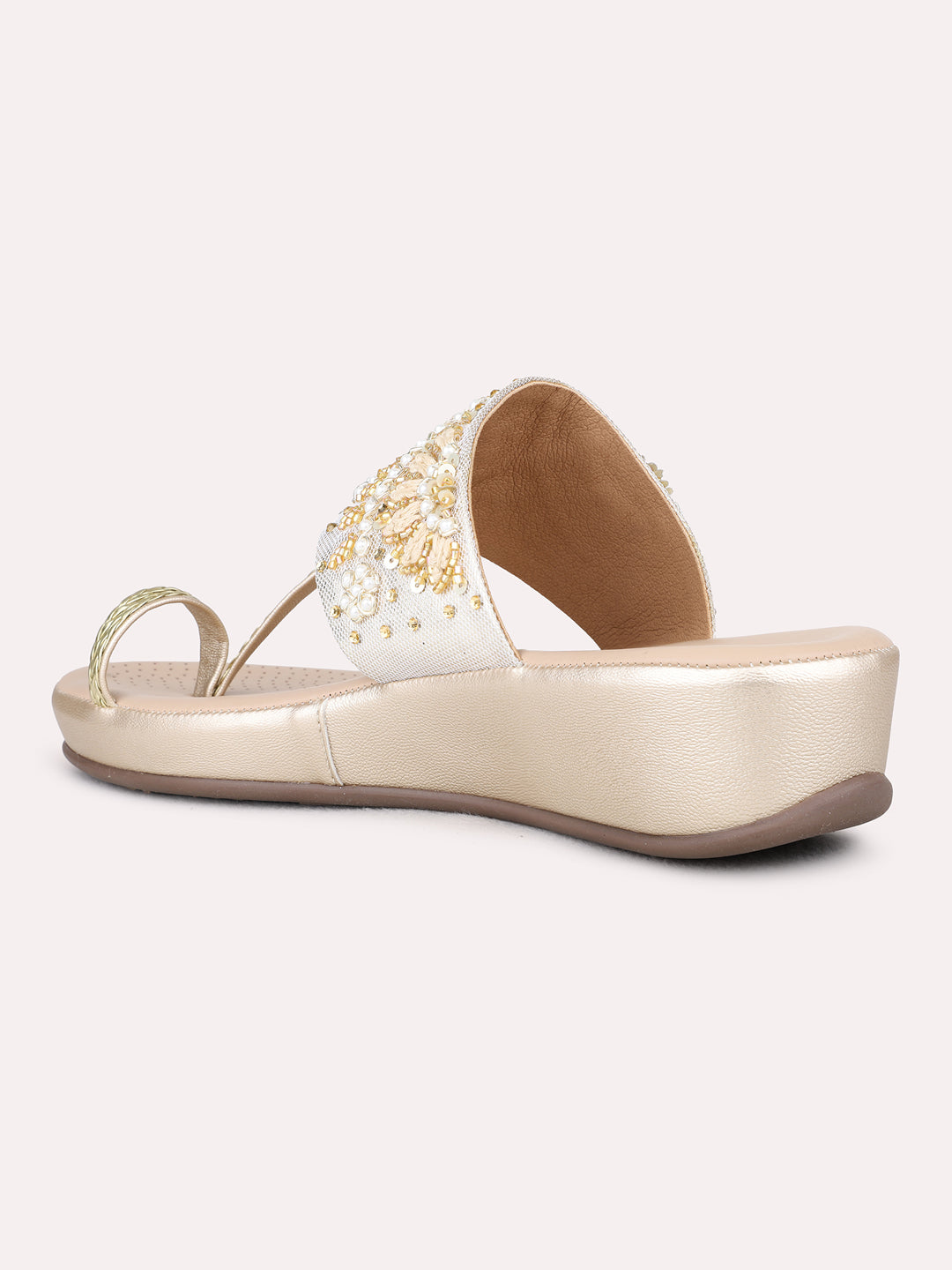Womens Golden Ethnic Wear Embellished Round Toe Wedge Heels