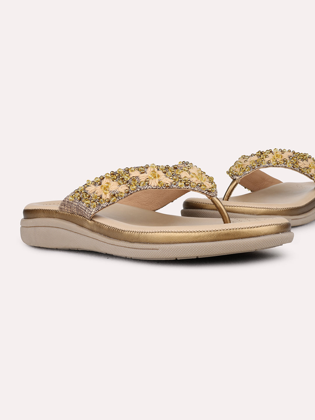Womens Golden Casual Embellished T-Strap Flats