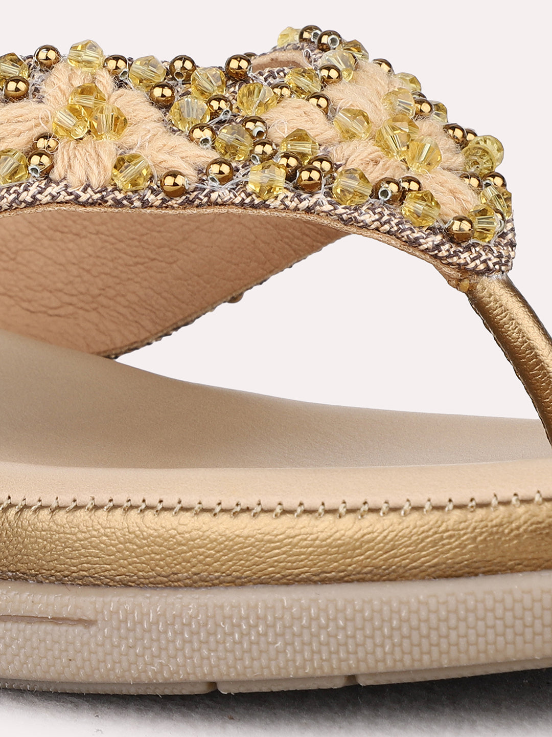 Womens Golden Casual Embellished T-Strap Flats