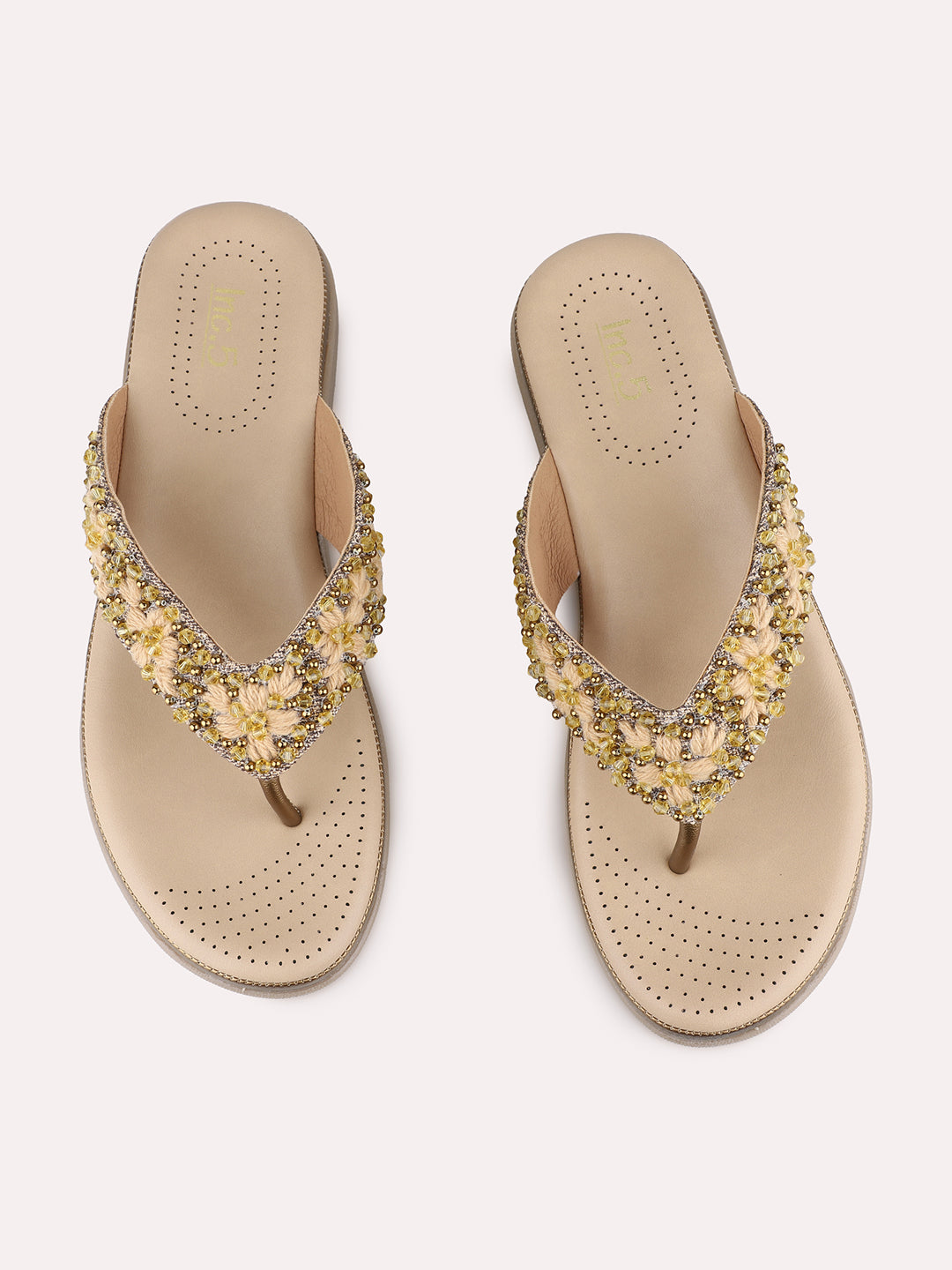 Womens Golden Casual Embellished T-Strap Flats