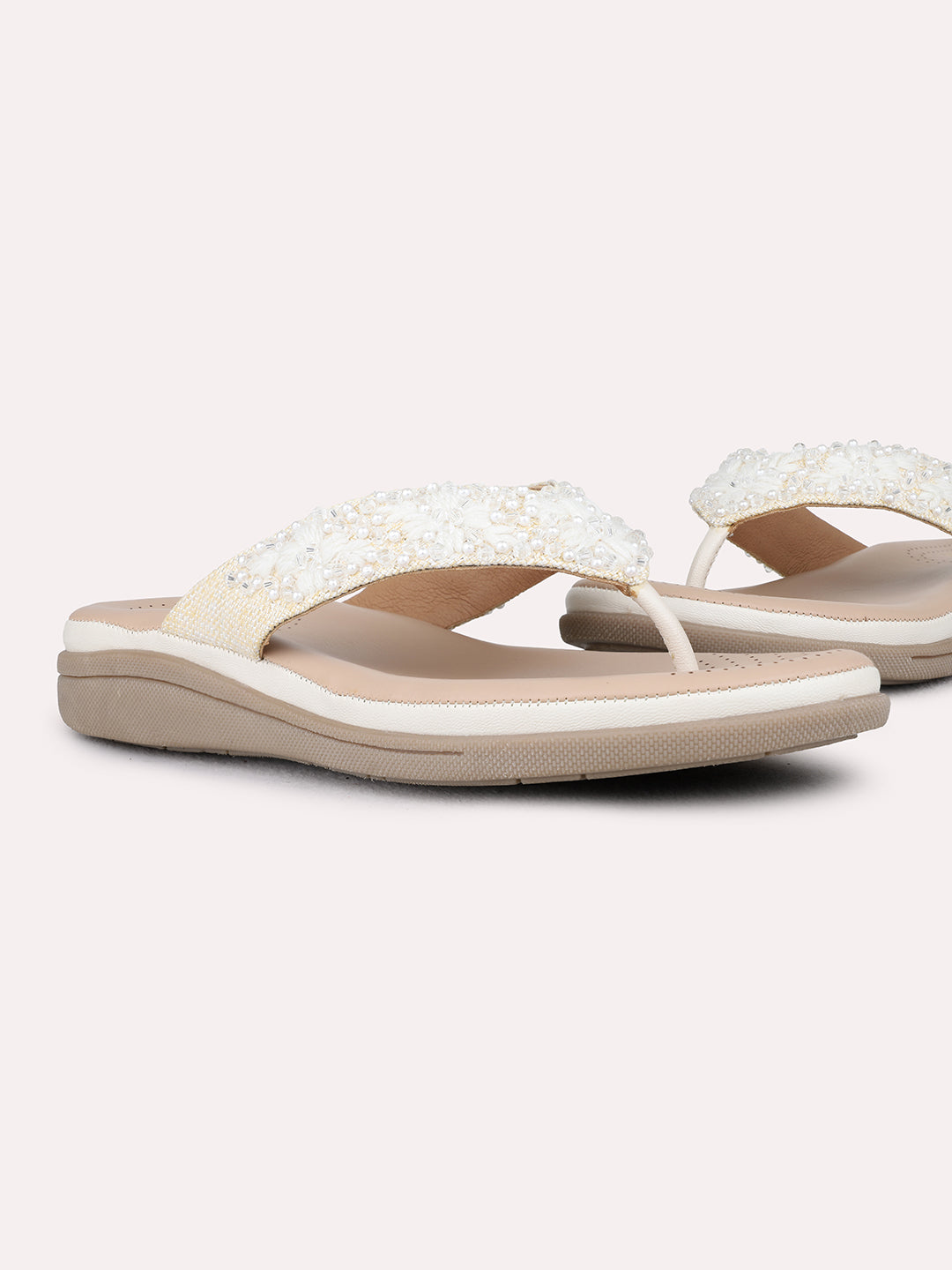 Womens Cream Casual Embellished T-Strap Flats