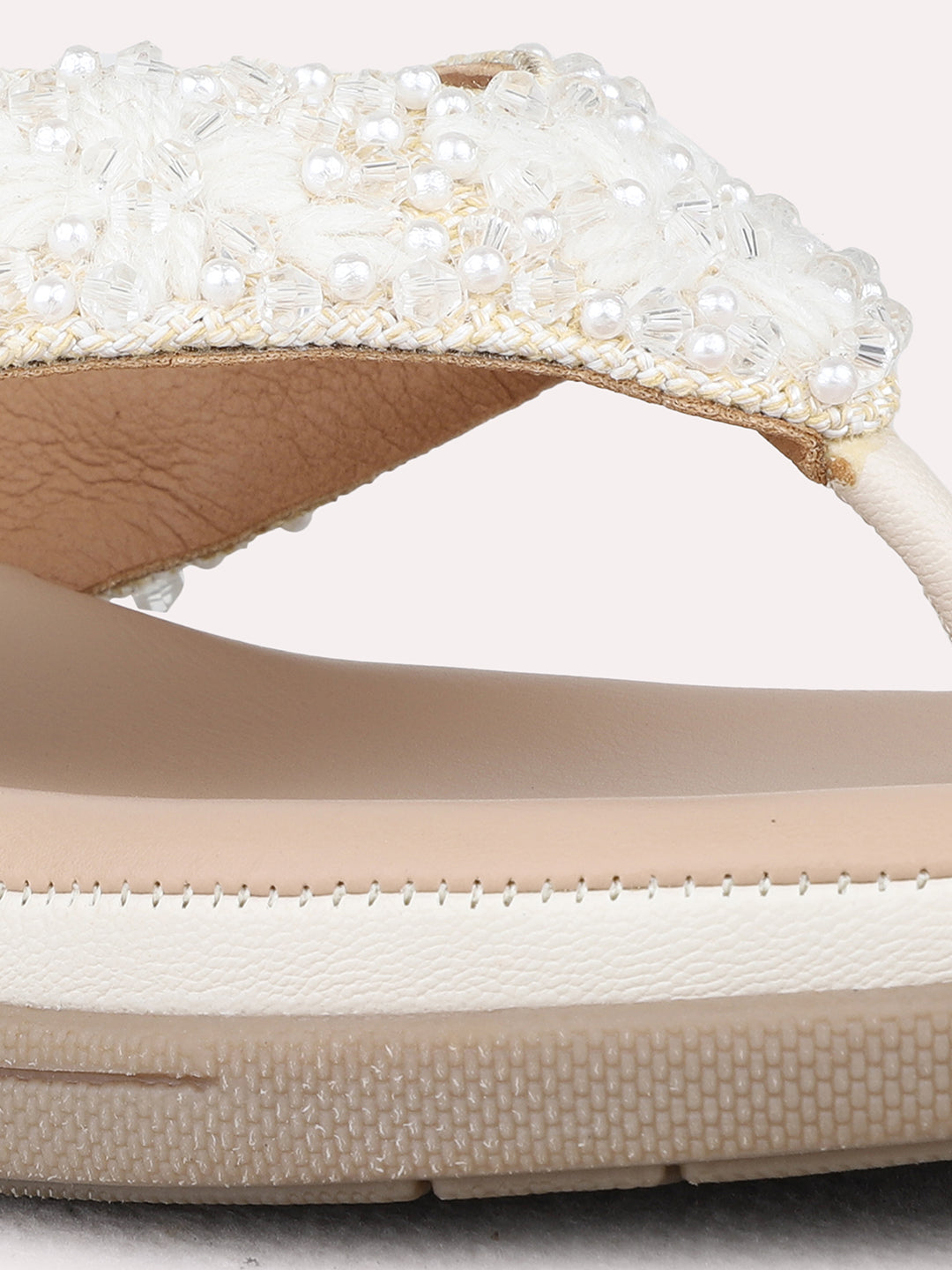 Womens Cream Casual Embellished T-Strap Flats