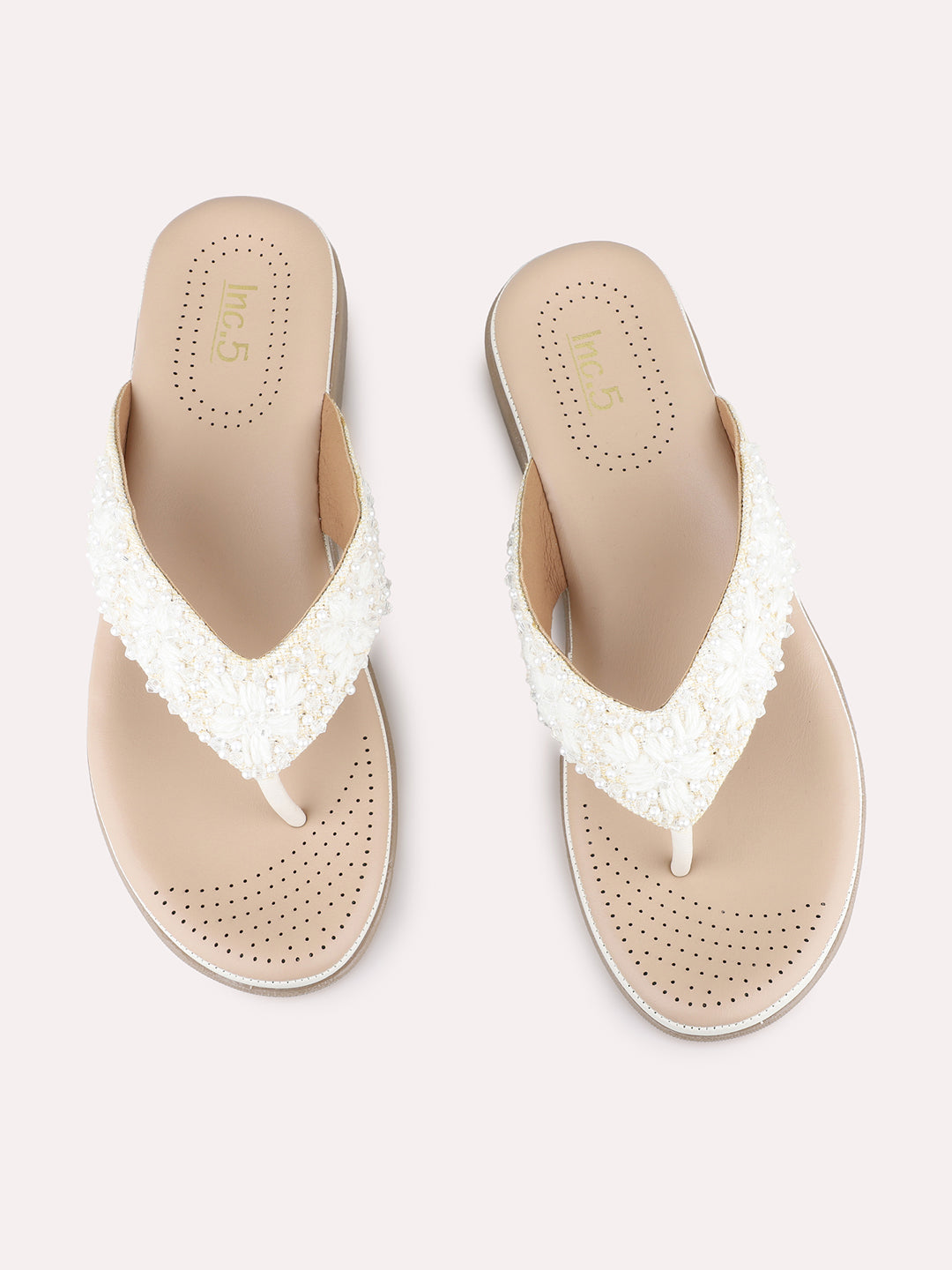 Womens Cream Casual Embellished T-Strap Flats