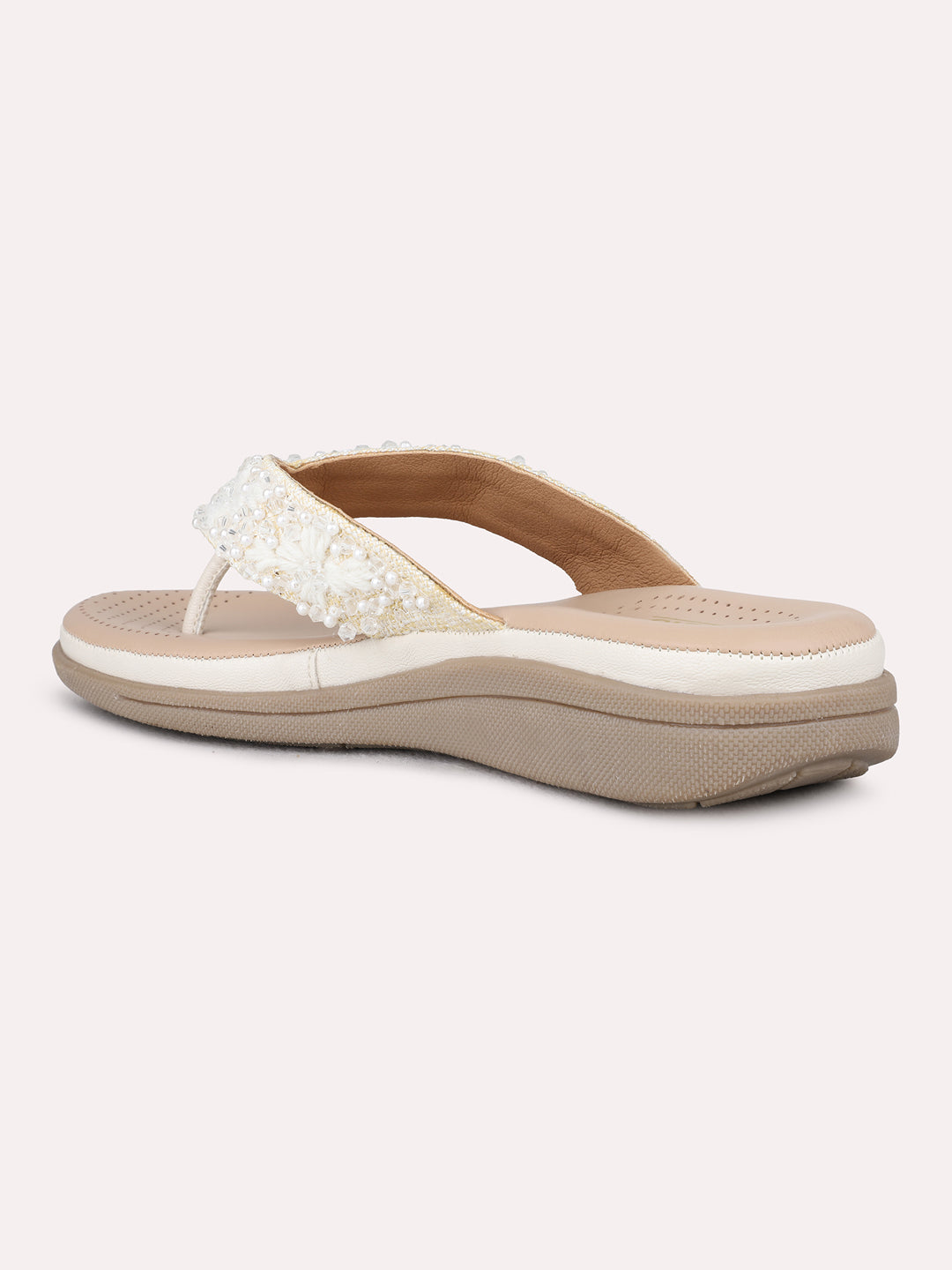Womens Cream Casual Embellished T-Strap Flats