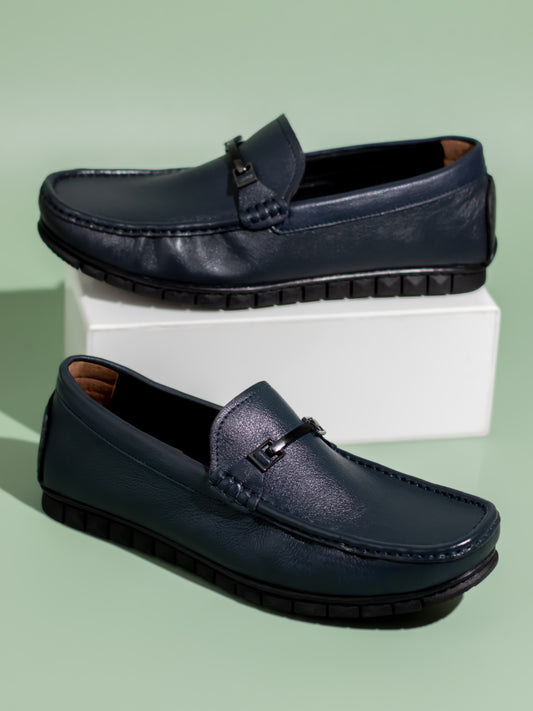Atesber Navy Textured Loafer Shoes For Men