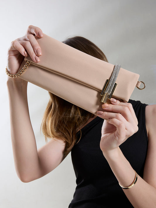 Womens Beige Sling Bag With Twist Lock For Party Use