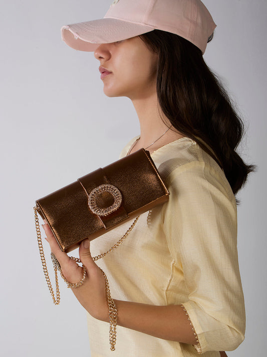 Womens Brown Sling Bag With Zip Lock For Party Use