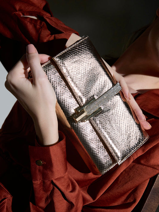 Womens Champagne Fashion Bags With Twist Lock For Party Use