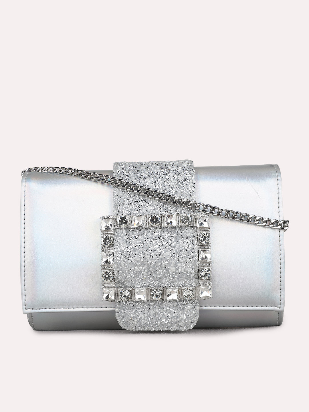 Womens Silver Fashion Bags With Magnet Lock For Party Use