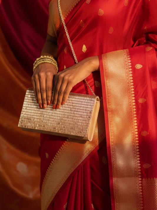 Women Golden Embellished Clutch Bag With Zip Lock For Party