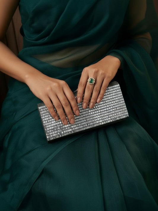 Women Grey Embellished Clutch Bag With Zip Lock For Party