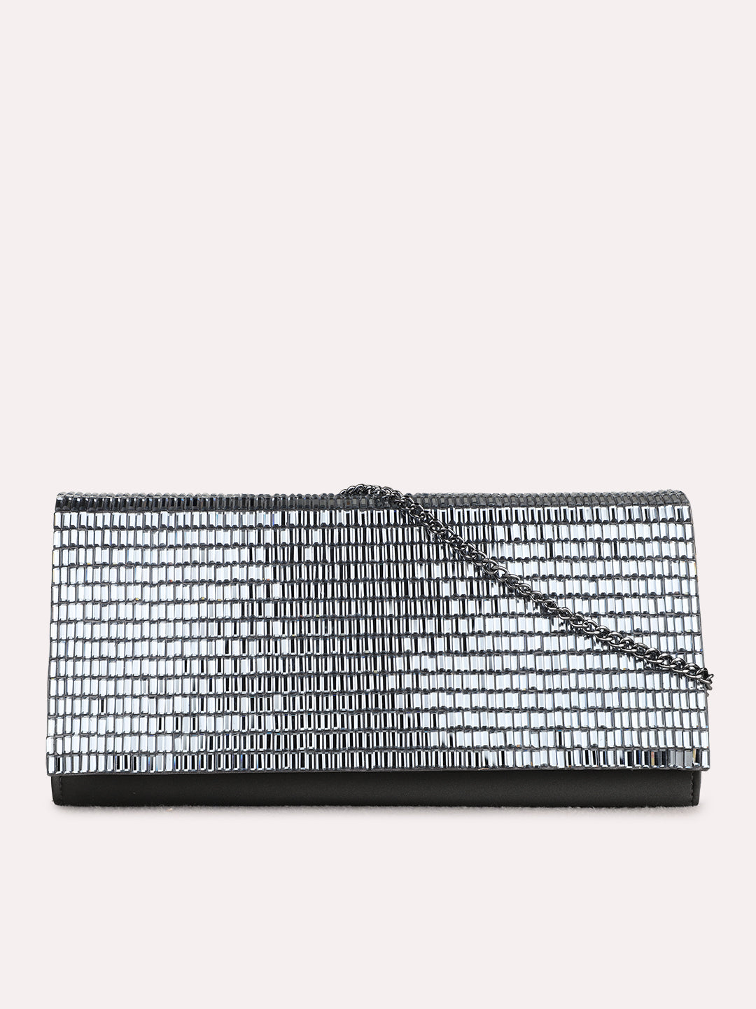 Women Grey Embellished Clutch Bag With Zip Lock For Party