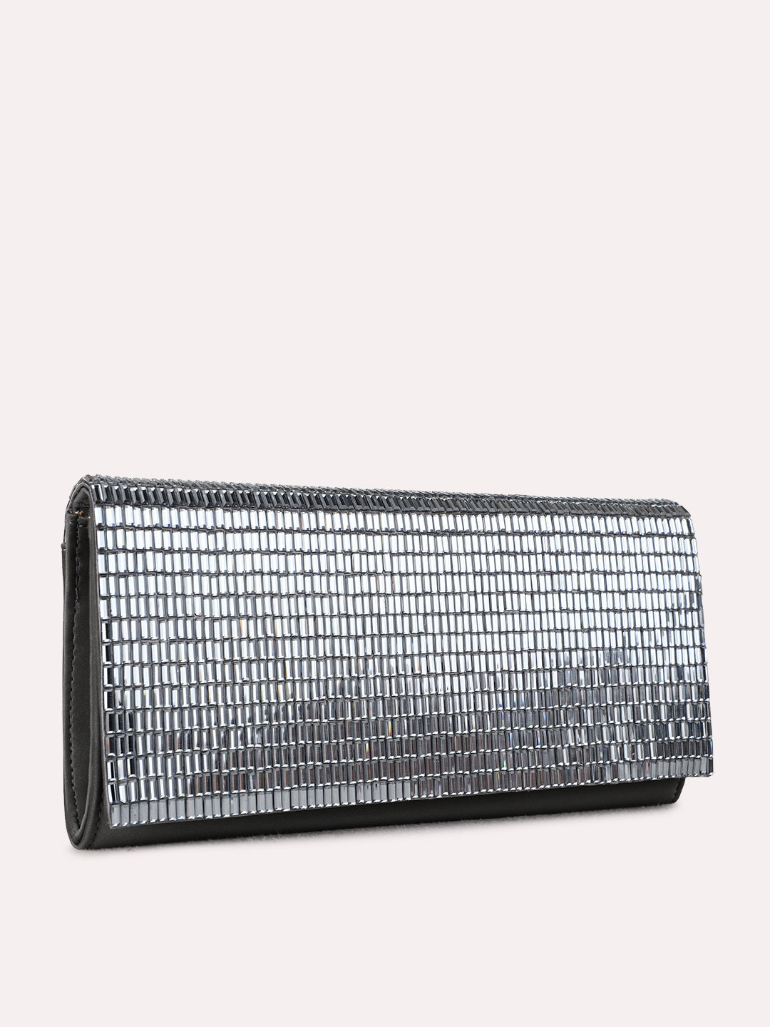Women Grey Embellished Clutch Bag With Zip Lock For Party