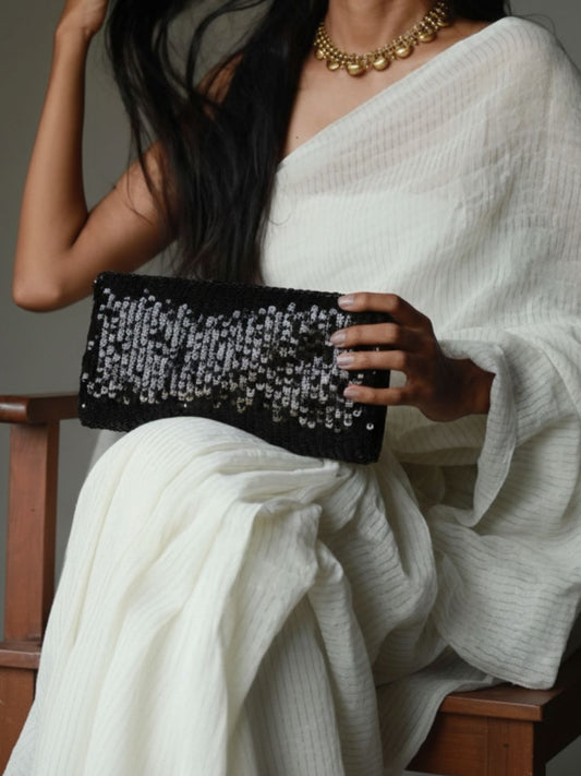 Women Black Embellished Pattern Clutch Bag With Magnet Lock For Party