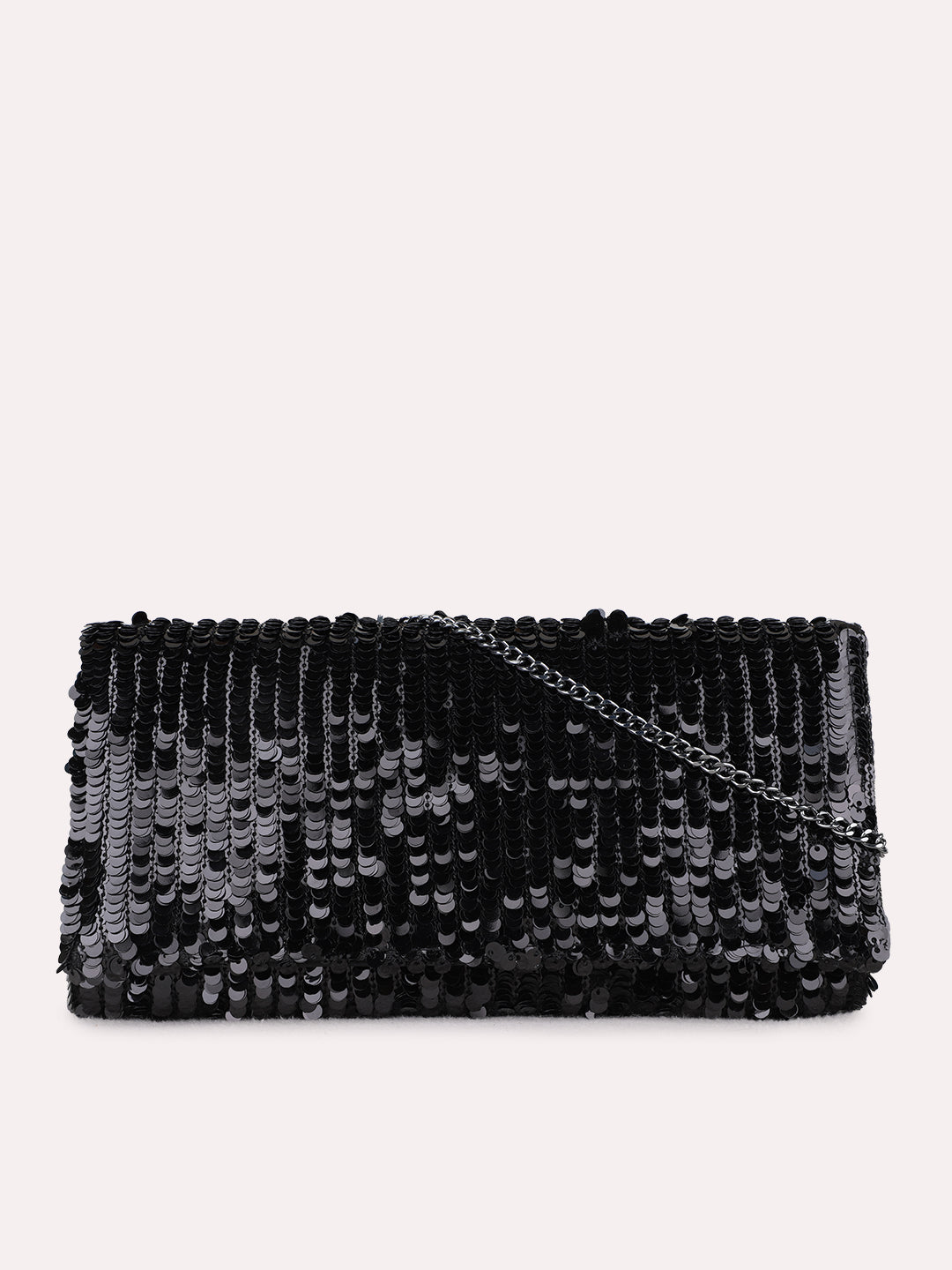 Women Black Embellished Pattern Clutch Bag With Magnet Lock For Party