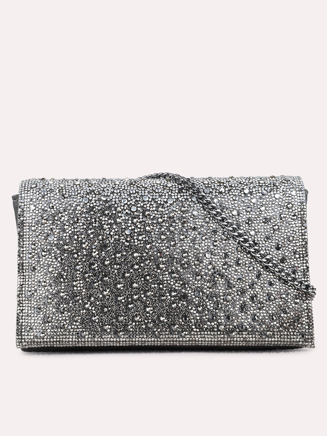 Women Grey Embellished Clutch Bag With Magnet Lock For Party