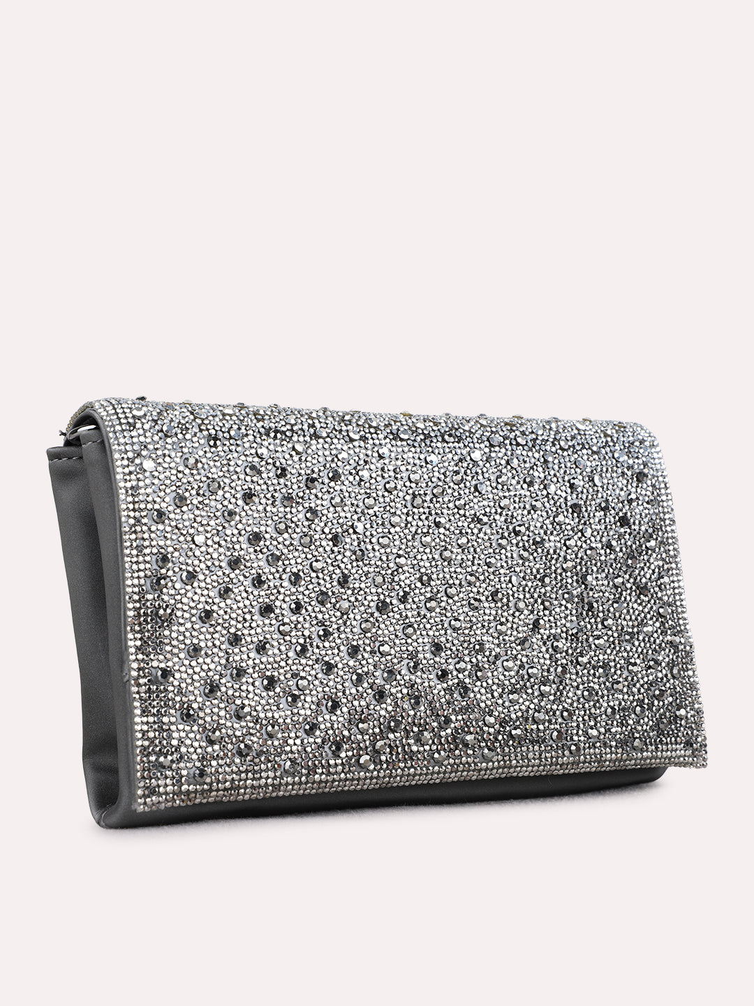 Women Grey Embellished Clutch Bag With Magnet Lock For Party
