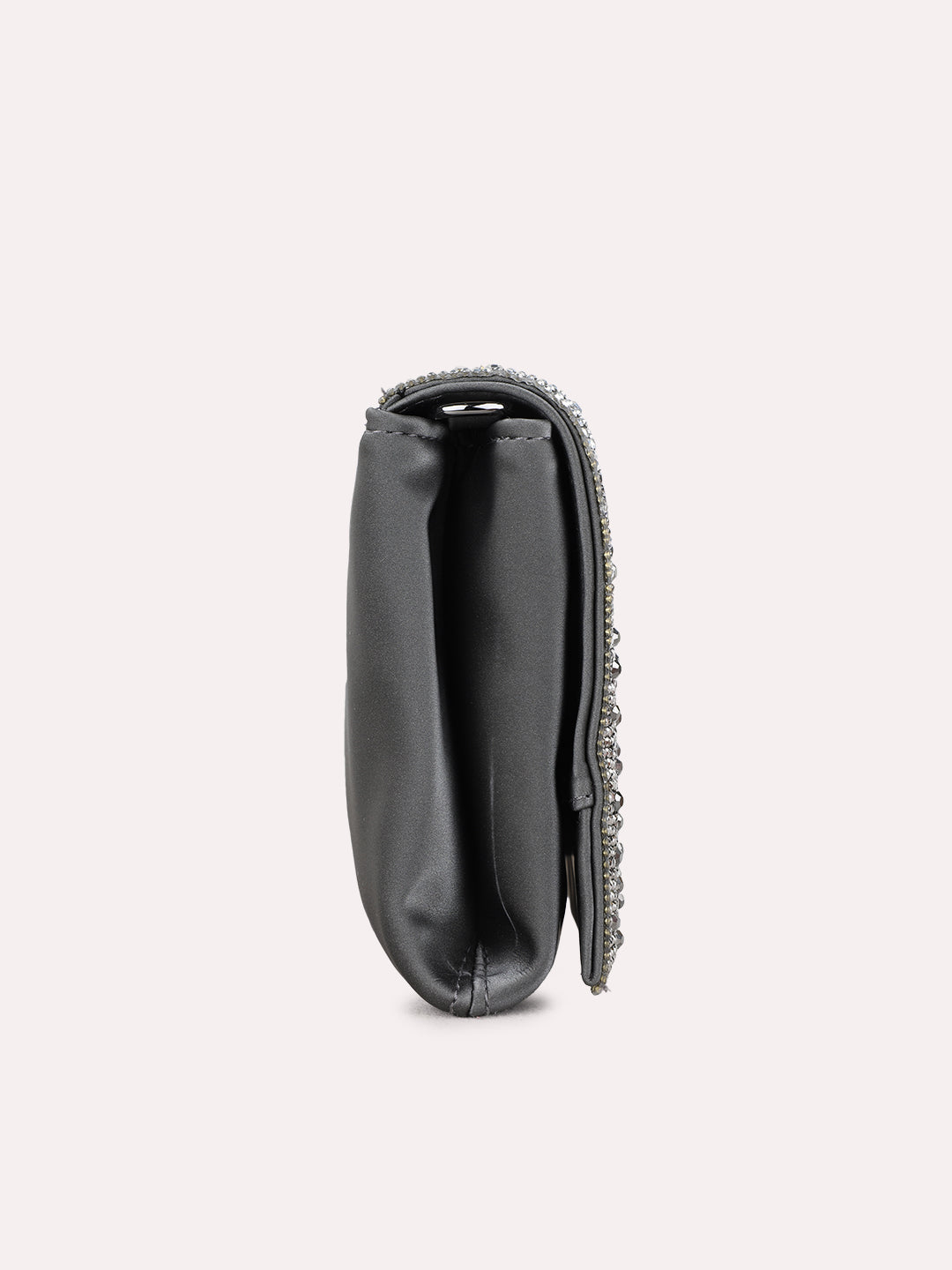 Women Grey Embellished Clutch Bag With Magnet Lock For Party