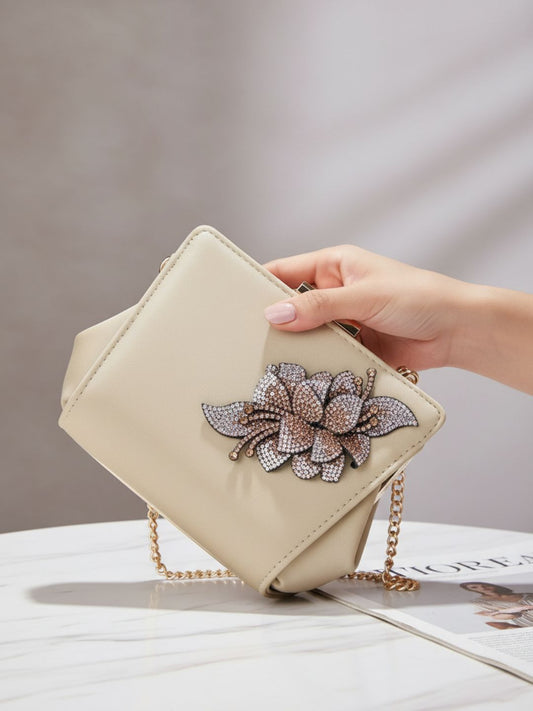 Women Golden Embellished Sling Bag With Push Lock For Party