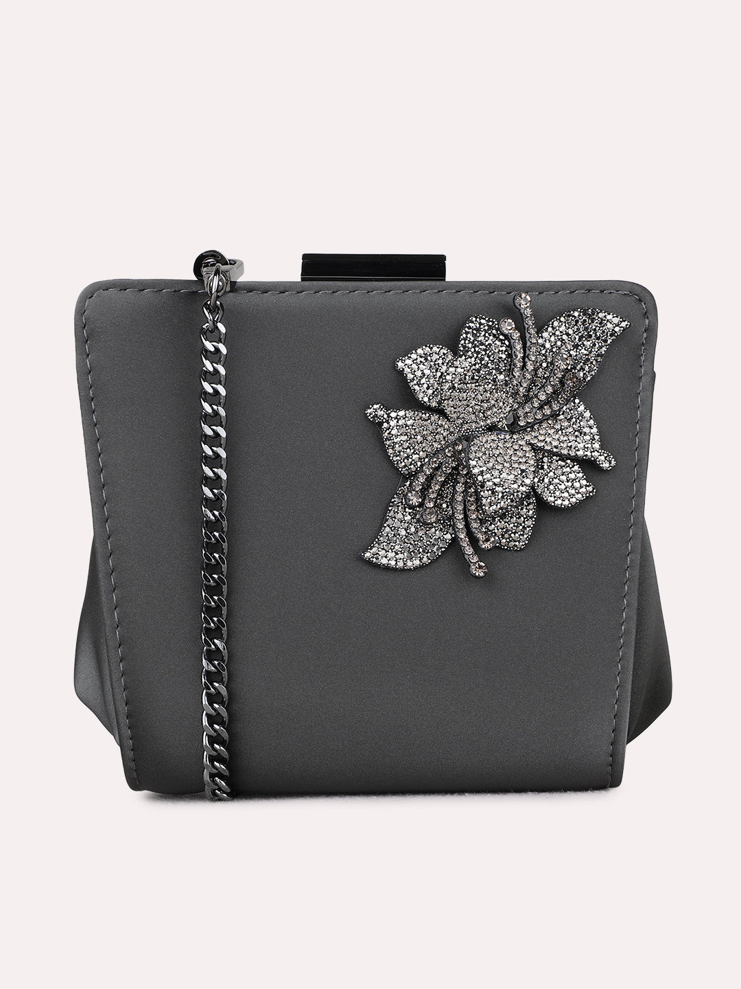 Women Grey Embellished Sling Bag With Push Lock For Party