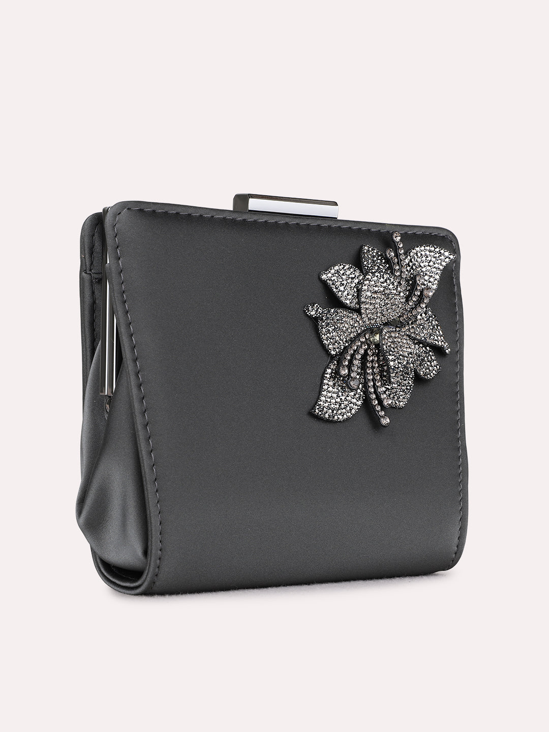 Women Grey Embellished Sling Bag With Push Lock For Party