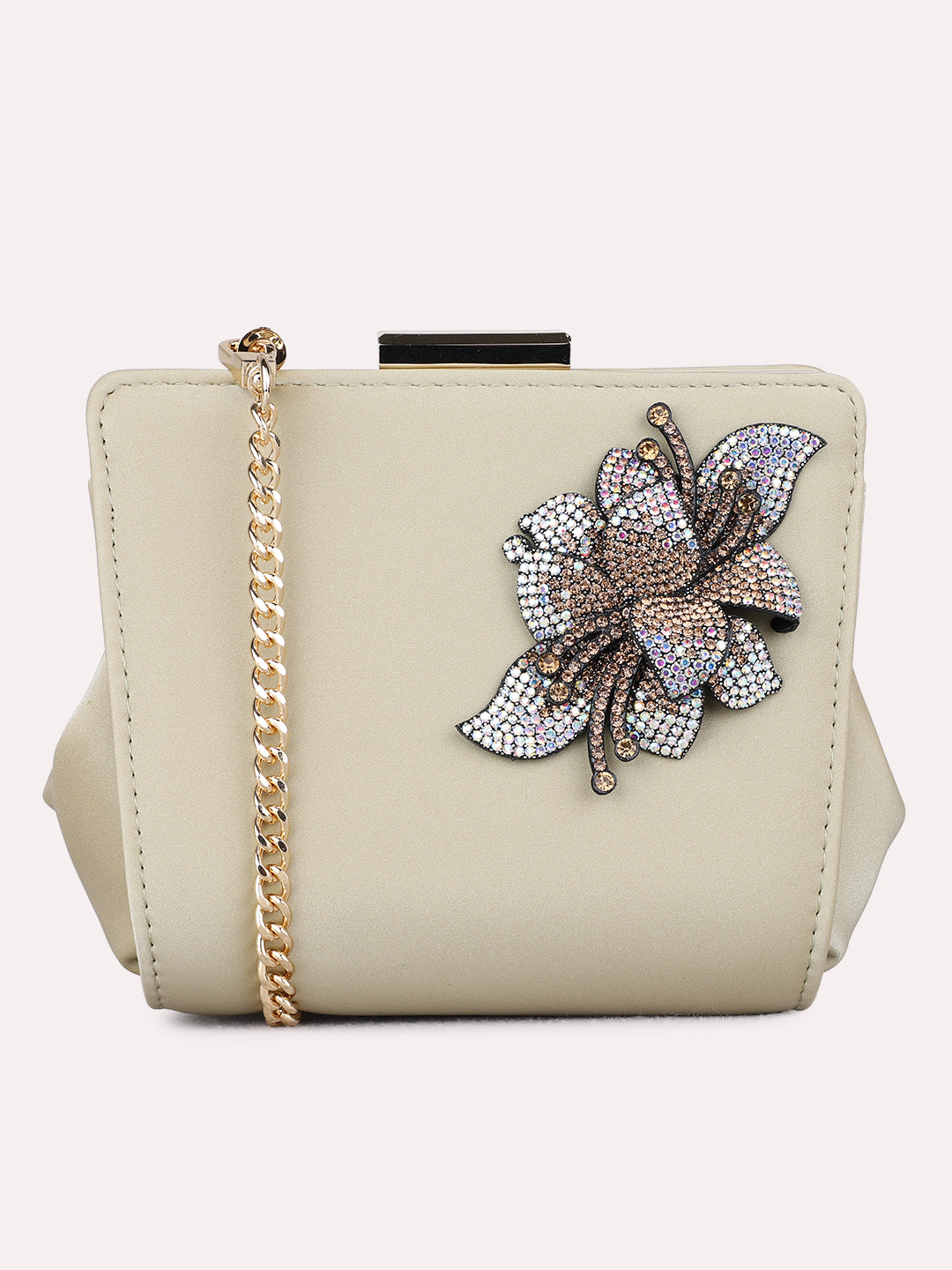 Women Golden Embellished Sling Bag With Push Lock For Party