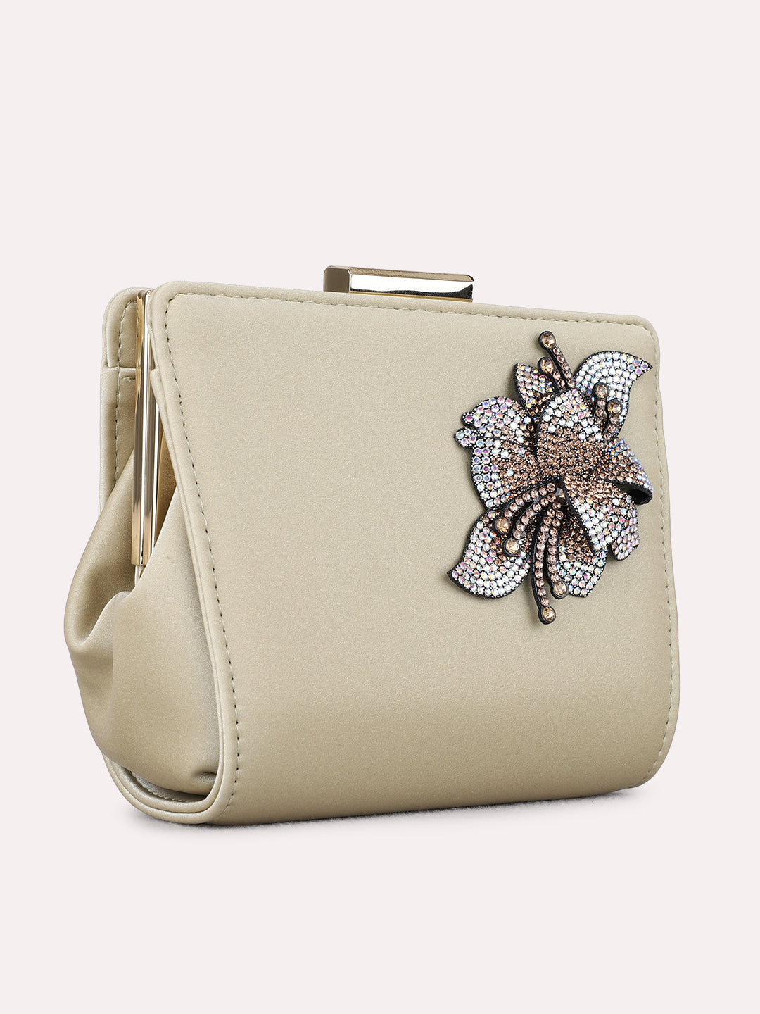 Women Golden Embellished Sling Bag With Push Lock For Party