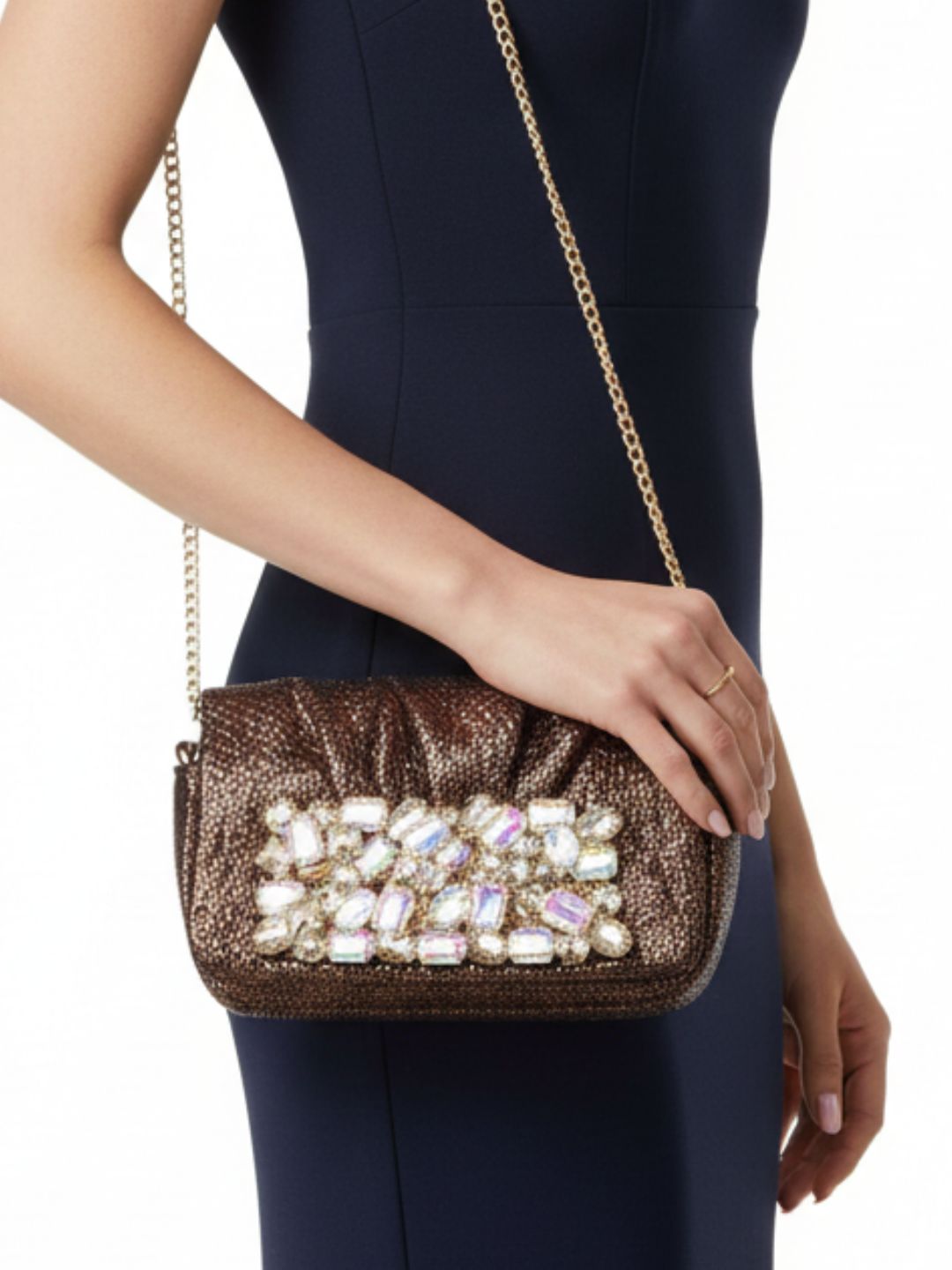 Women Bronze Embellished Sling Bag With Magnet Lock For Party
