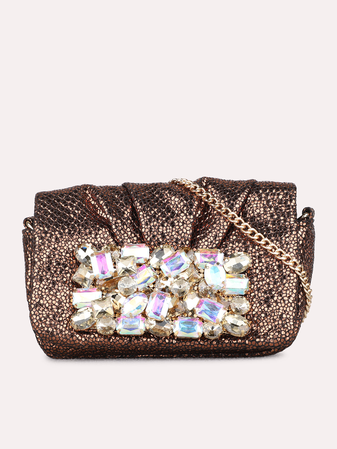 Women Bronze Embellished Sling Bag With Magnet Lock For Party