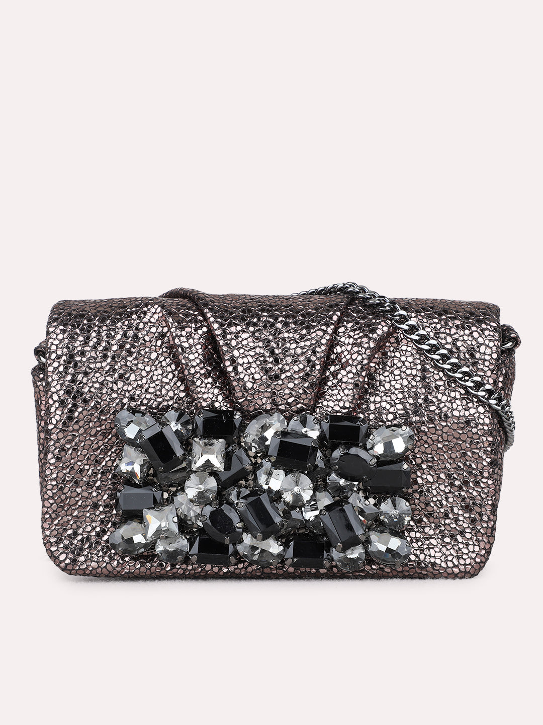 Women Grey Embellished Sling Bag With Magnet Lock For Party