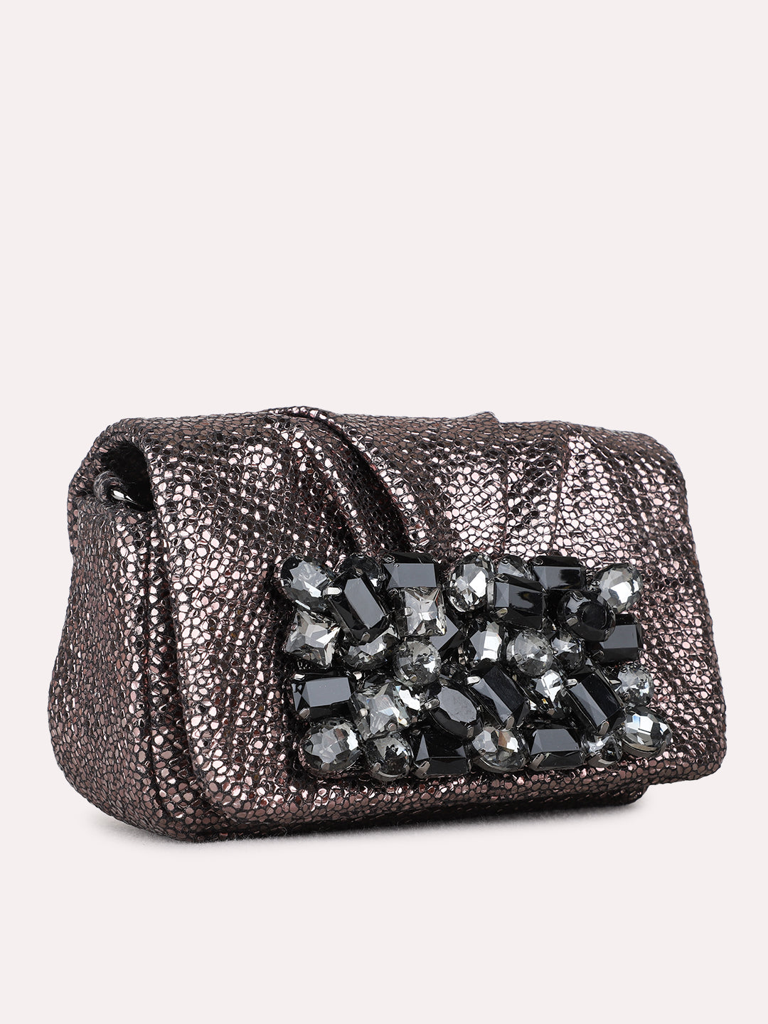 Women Grey Embellished Sling Bag With Magnet Lock For Party