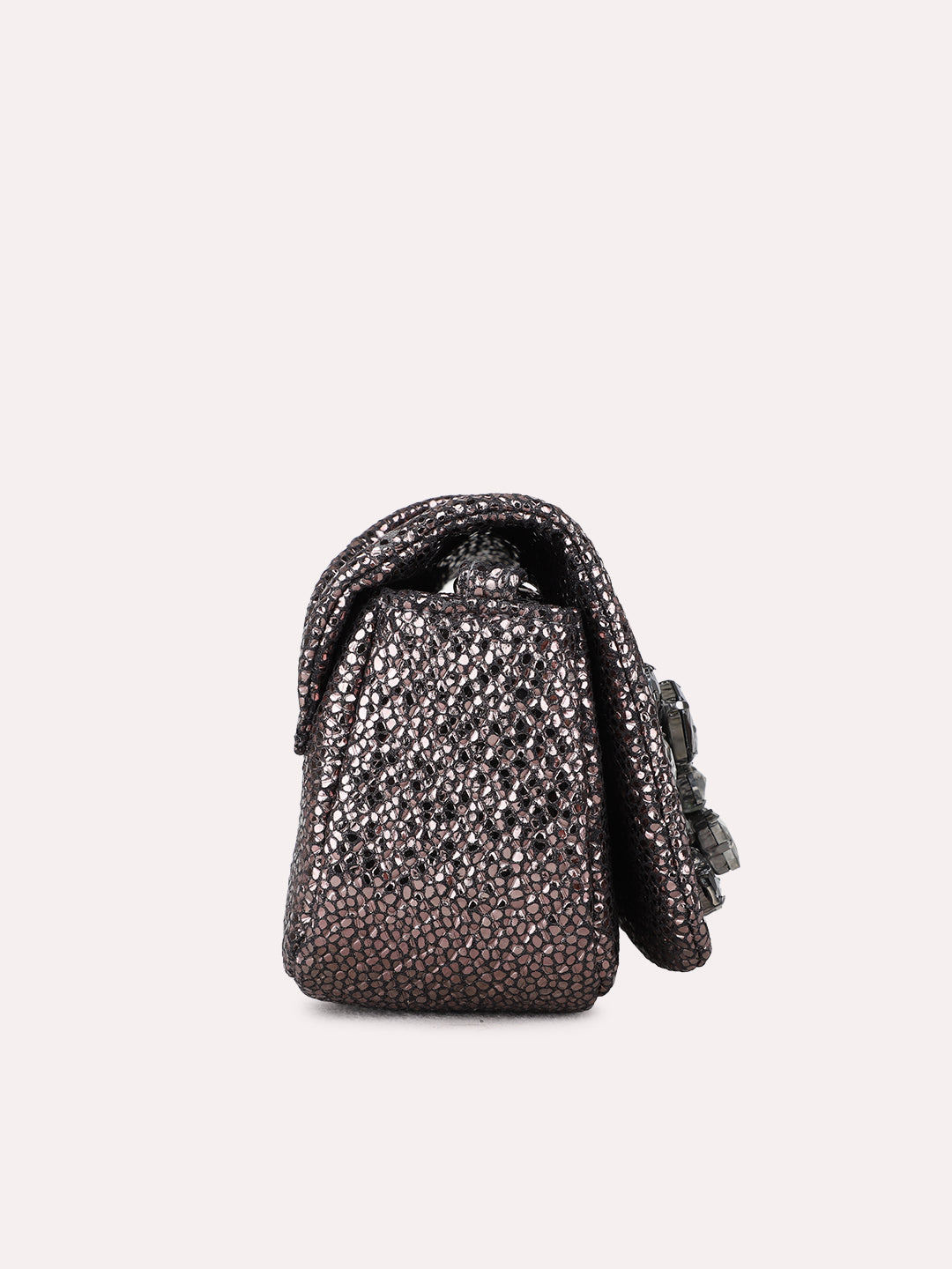Women Grey Embellished Sling Bag With Magnet Lock For Party