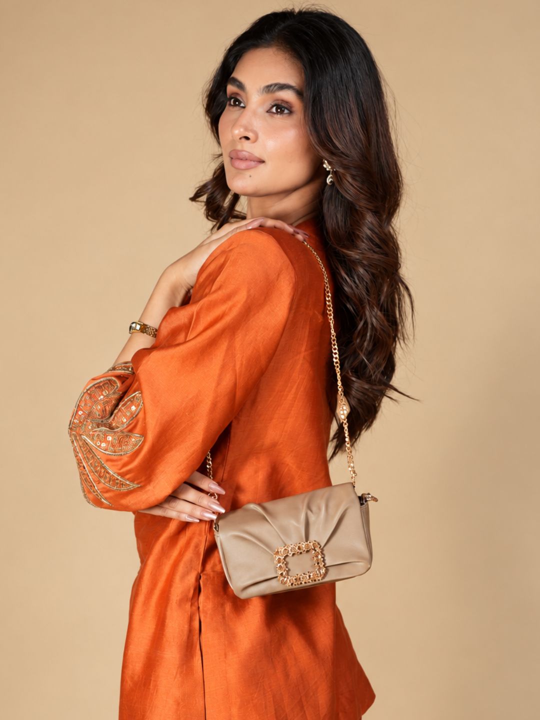 Women Beige Embellished Sling Bag With Magnet Lock For Party