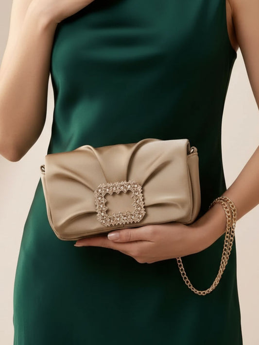 Women Beige Embellished Sling Bag With Magnet Lock For Party