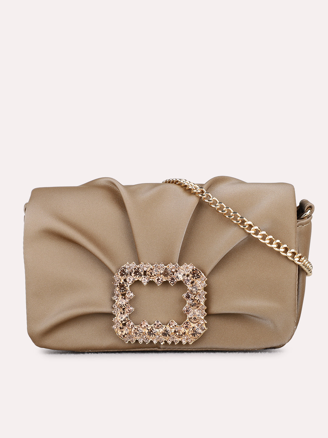 Women Beige Embellished Sling Bag With Magnet Lock For Party
