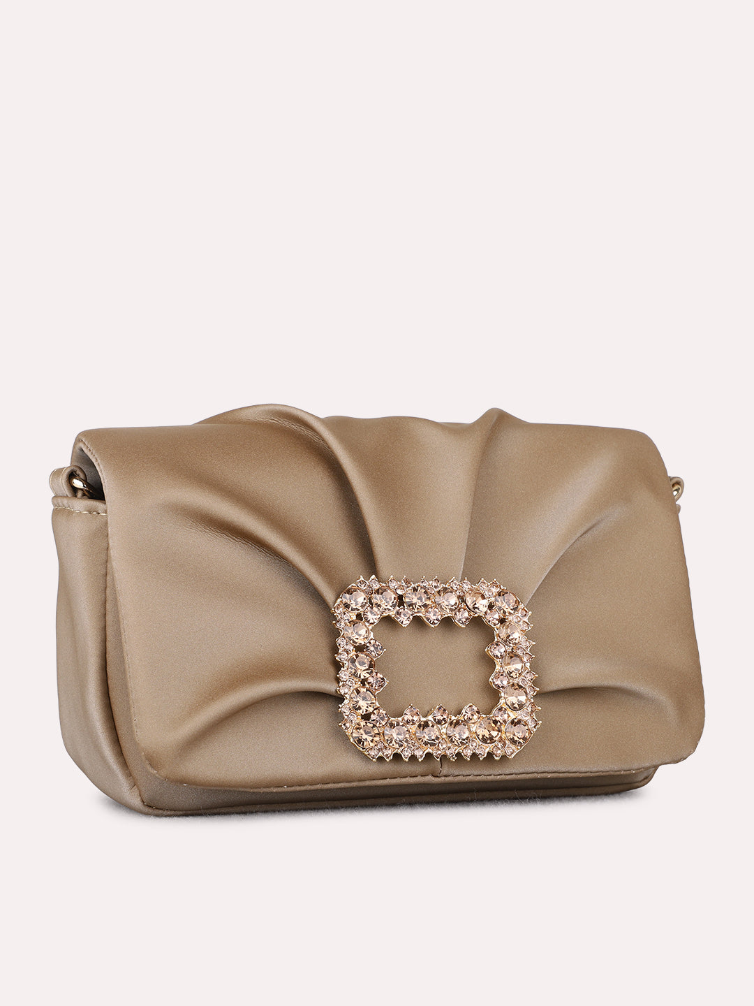 Women Beige Embellished Sling Bag With Magnet Lock For Party