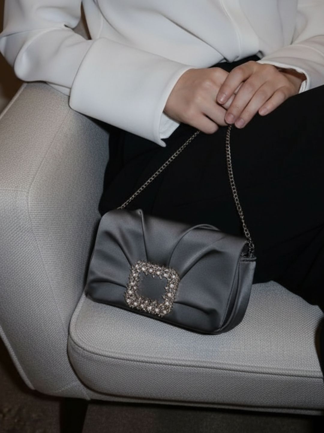 Women Grey Embellished Sling Bag With Magnet Lock