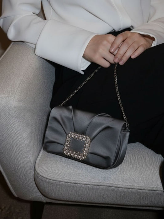 Women Grey Embellished Sling Bag With Magnet Lock