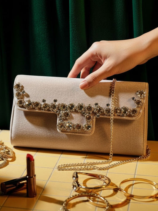 Women Golden Embellished Clutch Bag With Magnet Lock For Party